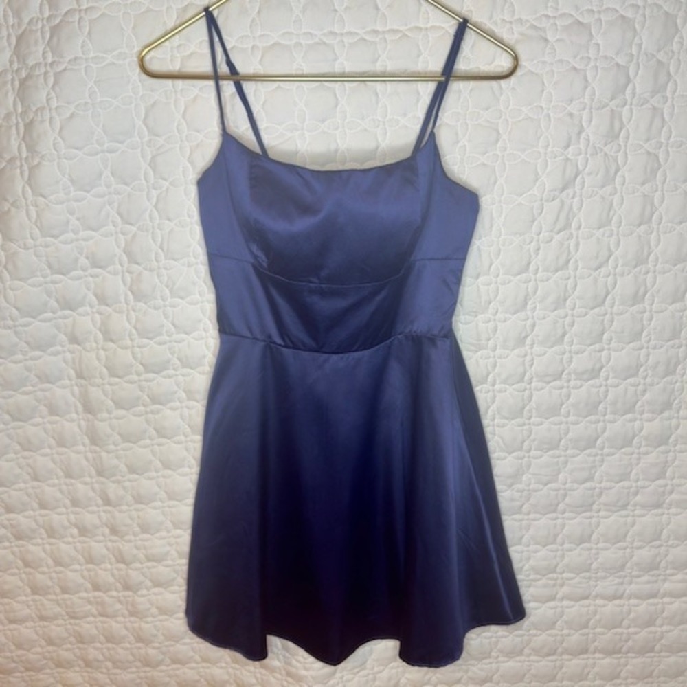 B. Darlin Blue Satin Strappy Sweetheart Bodycon Dance Midi‎ Dress Juniors Sz 5/6